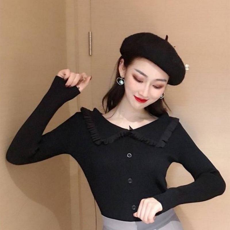 Pofulove Winter Retro Fungus V-neck Pullover Sweater Slim Long-sleeved Solid Color Shirt Shirt Women