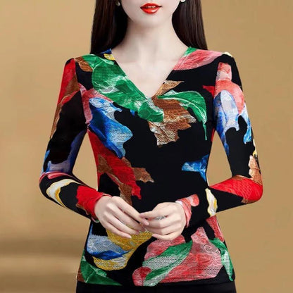 Spring and Autumn Round Neck Women's Long-sleeved T-shirt Printed Loose Top Mother Clothes