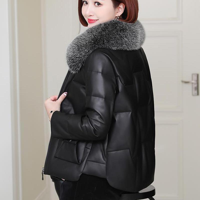 PU Leather Down Cotton Jacket Women's Short Leather Jacket Thick Fur Collar Imitation Fur Korean Coat Winter