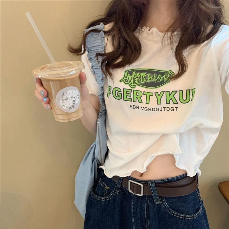Summer Korean Girls Loose Letter-printed Short-sleeved T-shirt with Curls