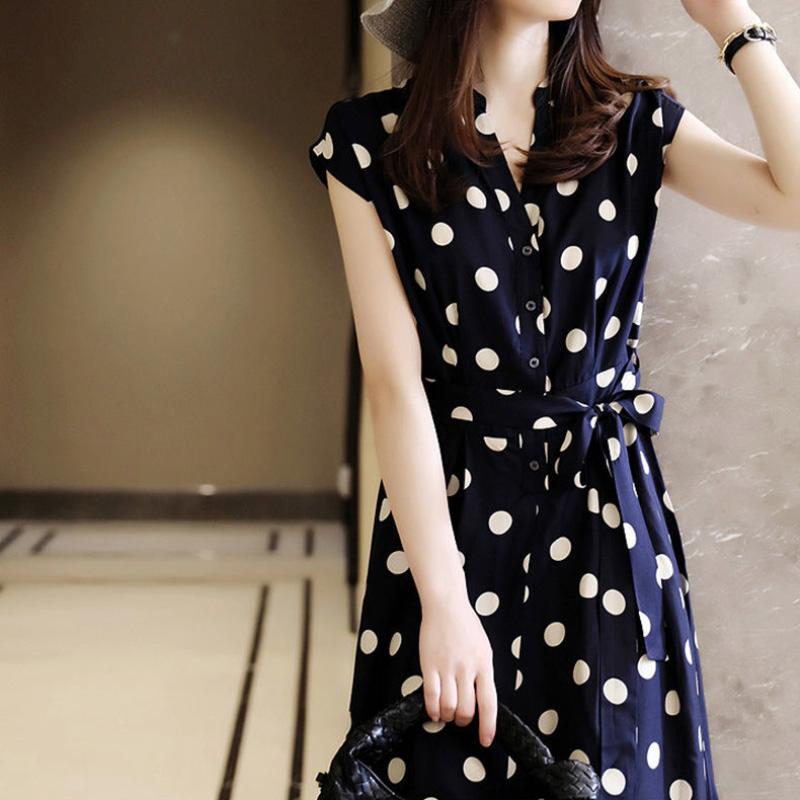 French Retro Polka Dot Dress Female Summer Short-sleeved Waist Waist Was Thin All-match Casual Over-the-knee Skirt