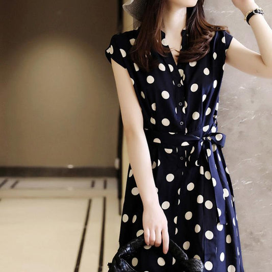 French Retro Polka Dot Dress Female Summer Short-sleeved Waist Waist Was Thin All-match Casual Over-the-knee Skirt