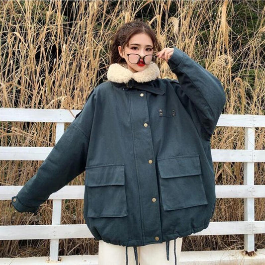 Winter All-match Cotton Jacket Women Thick Loose Lamb Wool Coat Tooling Cotton Coat