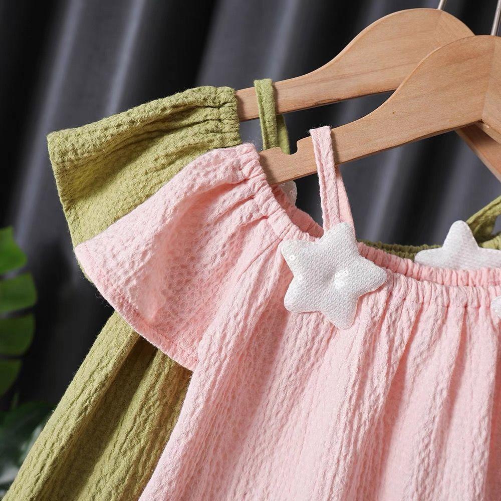 Summer Kids Cute Printing T Shirts Girls Off Shoulder Sling Loose Short Sleeve Star T-Shirt Baby Shirt Solid Color Top