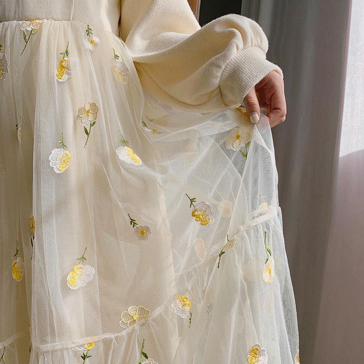 Women's pleated mesh skirt long floral skirt spring and autumn plus size inner dress mid-length