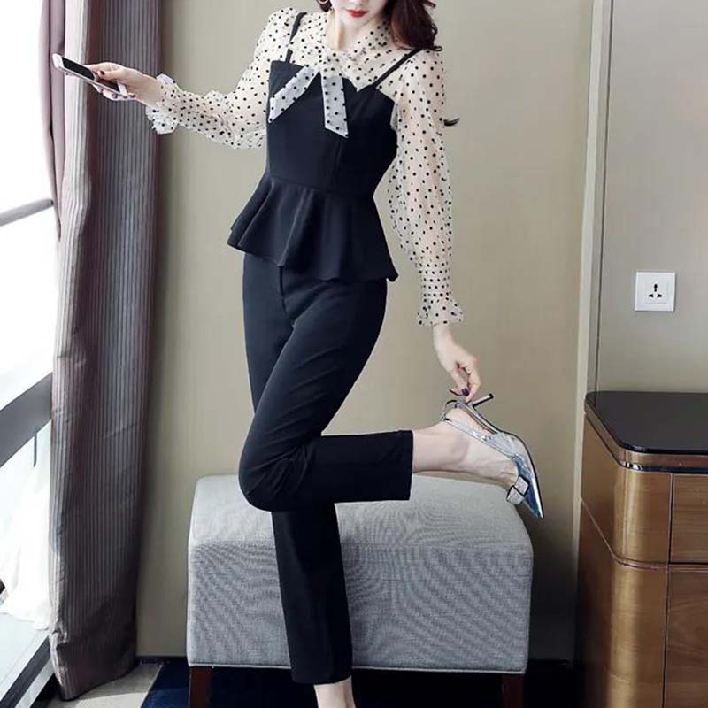 Ladies Professional Suit Xiaoxiangfeng Spring and Autumn Thin Temperament Two-piece Round Neck Long-sleeved Shirt + Casual Suit Pants