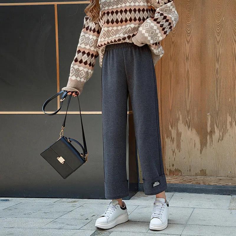 Woolen Pants Female Autumn and Winter Students Korean Loose Wide-leg Pants Nine-point Pants Straight High-waisted Casual Pants