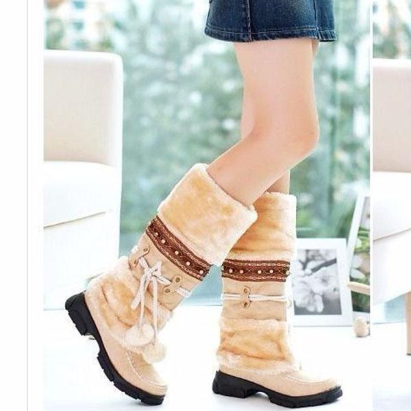Bohemian Women's Snow Boots Beaded Fur Ball Thick Bottom High Boots Plus Velvet Calf-high Boots Plus Size 35-43