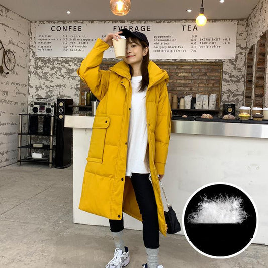 Down Jacket Women's Hooded Stand-up Collar Mid-length White Duck Down Winter Loose Thickening Light Cotton Winter Thick Coat