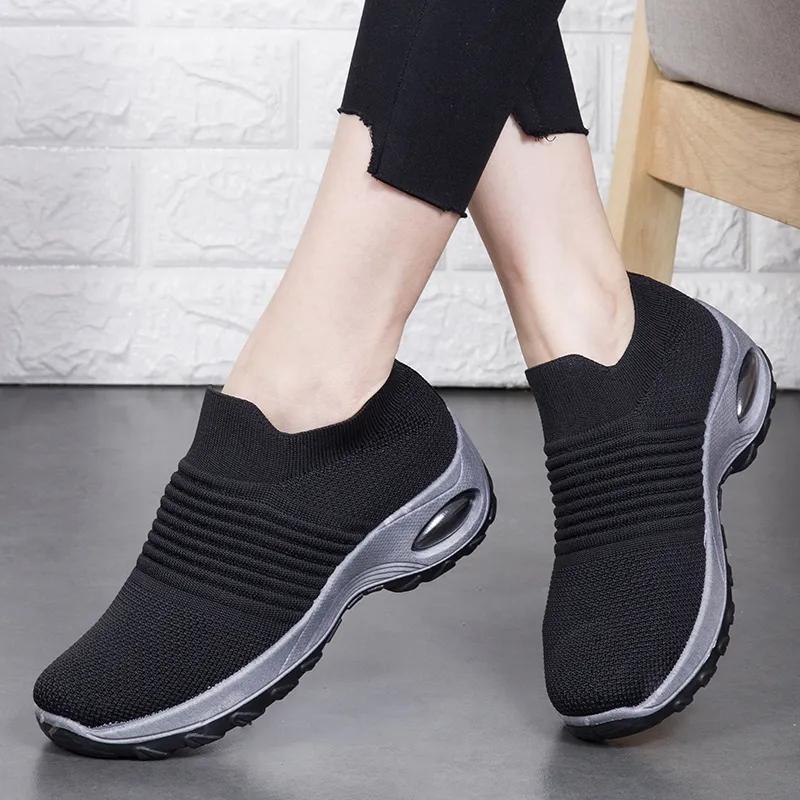 Women's Mid High-heeled Sneakers Casual Breathable Mesh Sports Shoes Running Flat Shoes Slip on Thick-soled Dance Shoes