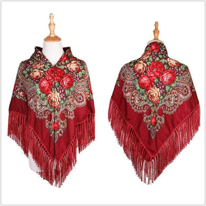 Women's Ethnic Style Square Scarf Printed Shawl Fringed Cotton Scarf Autumn Winter Warm Embroidered Shawl Multifunctional Turban Shawl Scarf 135x135cm