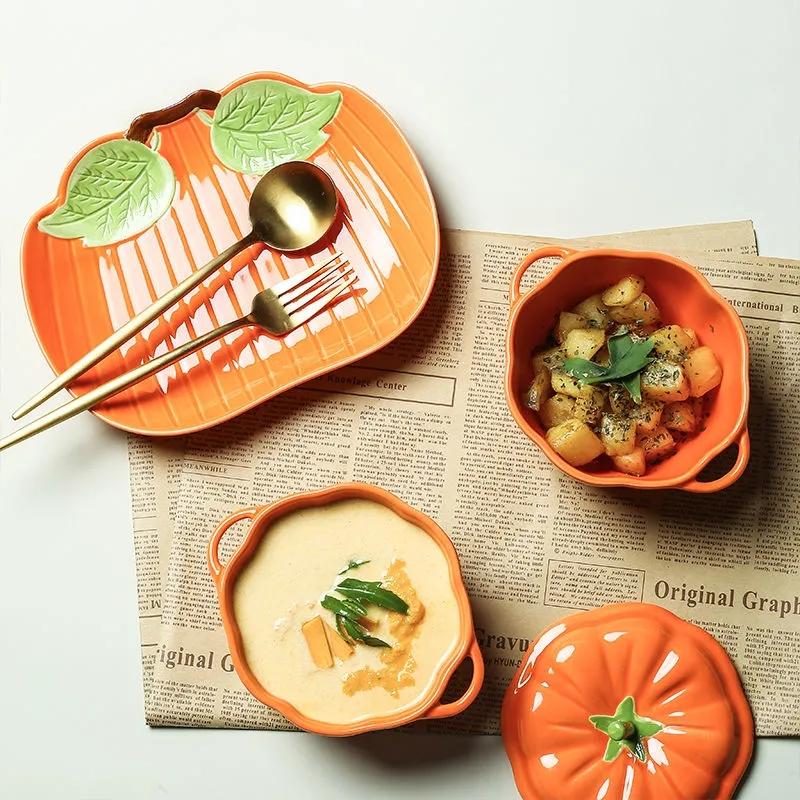 Japanese-style Cute Pumpkin Steamed Bowl Home with Cover Stewed Ceramic Double Ear Soup Bowl of Children's Creative Food Bowl