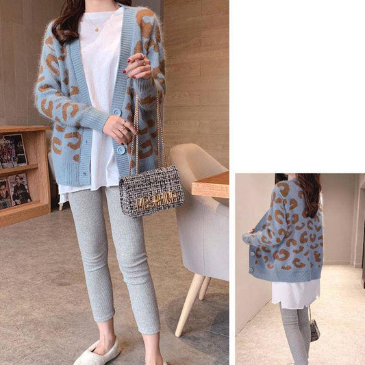 Knitted Cardigan Sweater Coat Korean Loose Leopard V-Neck Single-Breasted Student Sweater Jackets