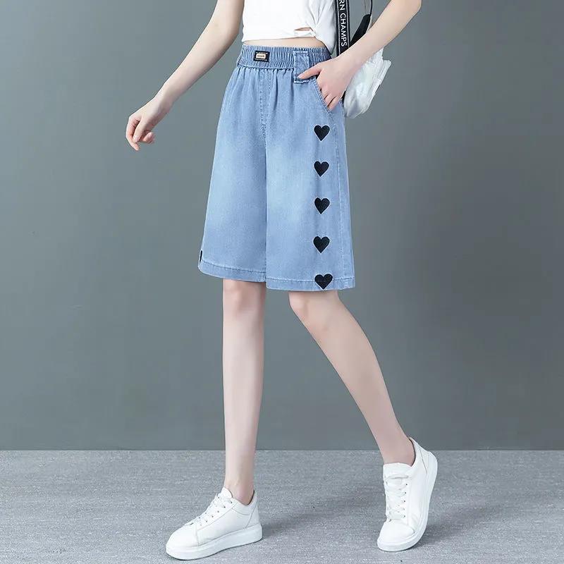 Tencel Thin Denim Shorts Women's Summer High Waist Loose Loose Thin Pants Wide-leg Ice Silk Five-point Pants