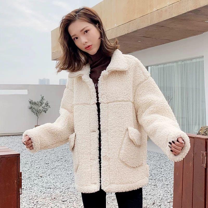 Winter All-match Lamb Wool Coat Women's Short Autumn and Winter Loose Fur One Thick Lamb Wool