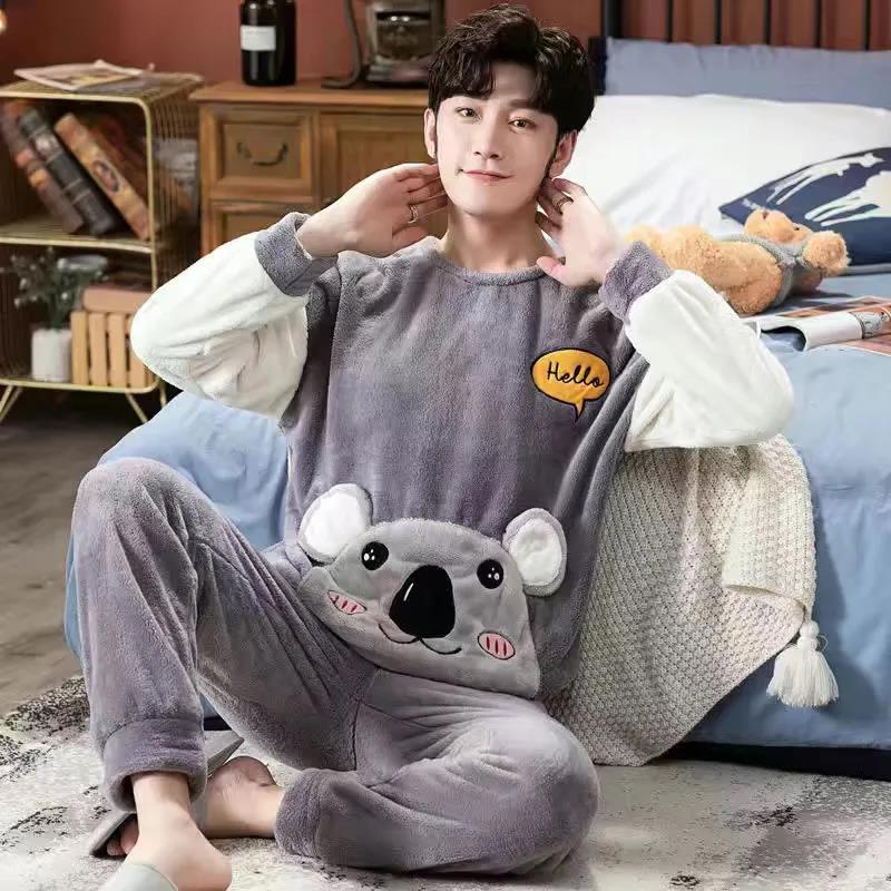 Cartoon Couple Pajamas Suit Tops and Pants Men Home Clothes Ladies Winter Cashmere Warm Homewear