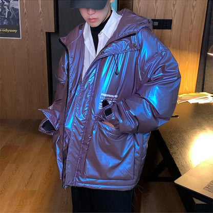 Shiny Cotton Jacket Men's Hooded Hong Kong Style Jacket Korean Version of The Trend of All-match Warm Jacket Winter Loose Casual Padded Jacket