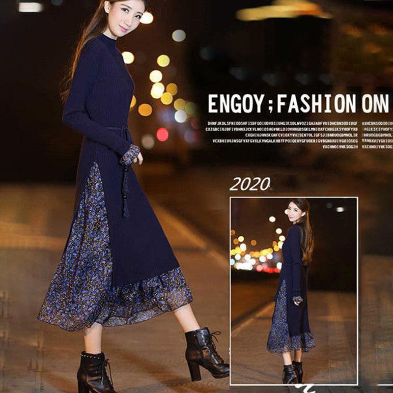 Plus Velvet  Thick Sweater Dress Women Autumn and Winter Slim Long Dress Floral Stitching Knitted Sweater Dress