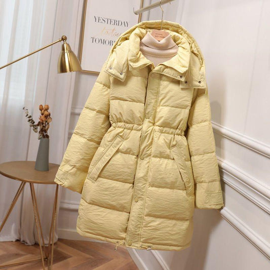 Women's Down Jacket Mid-length Thick Hooded Drawstring Waist Thinner Jacket