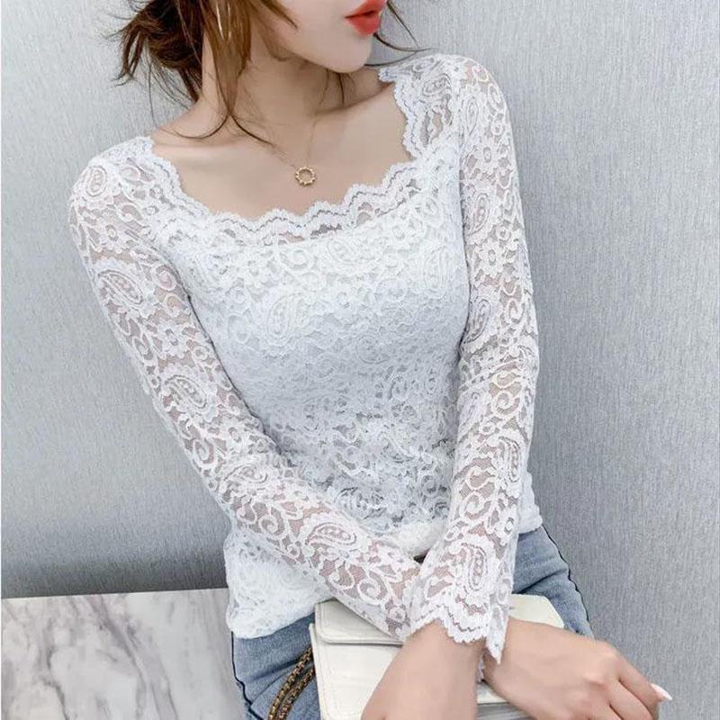 Women's Spring and Autumn Long Sleeve Lace Bottoming Shirt Square Collar Slim Top
