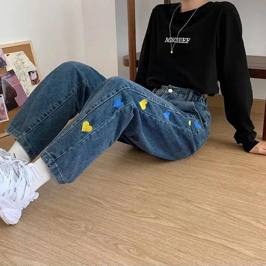 Love Embroidery Jeans Women's Straight Spring and Autumn High Waist Loose Korean Version of Thin Wild Legs
