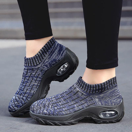 Women's Mid High-heeled Sneakers Casual Breathable Mesh Sports Shoes Running Flat Shoes Slip on Thick-soled Dance Shoes