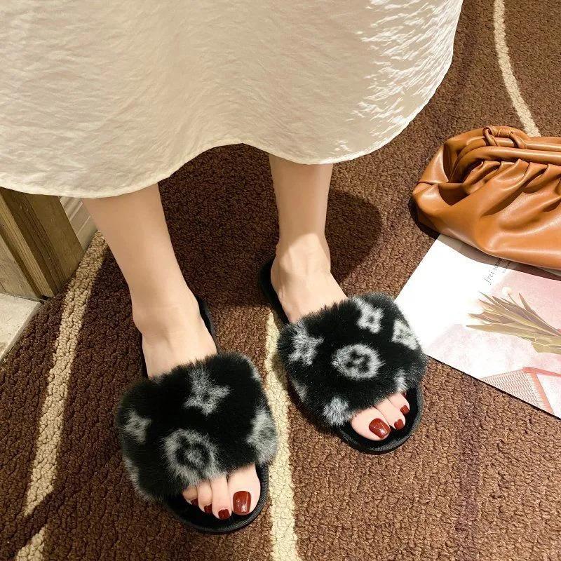 Slippers for Women Winter Fur Cotton Slides Open Toe Luxury Designer Indoor Soft Lady Slippers Shoes Leopard Sexy Female Winter Slipper Plus Size