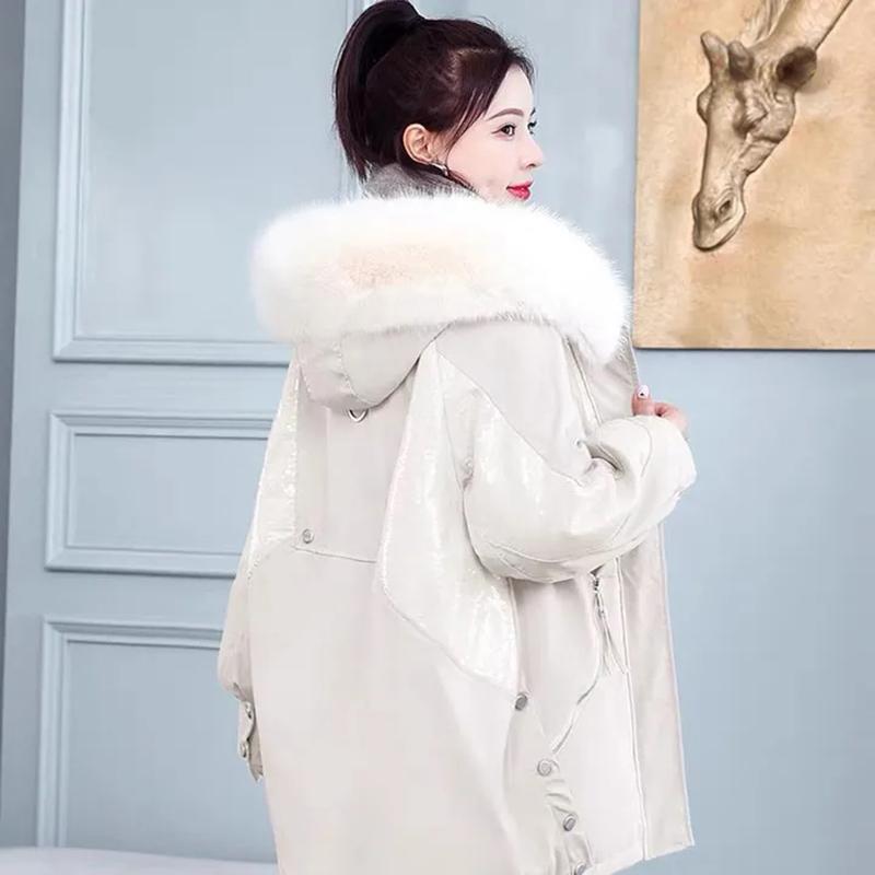 Women's Winter Plus Velvet Thickened Mid-length Coat Sequin Stitching Pie To Overcome Cotton-padded Clothes Wool-collar Loose Warm Jacket