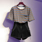 Summer Women's Suit Loose Stripe T-shirt Denim Shorts Two Piece Suit