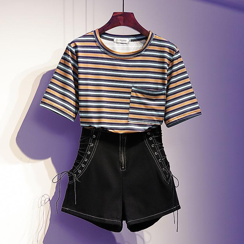 Fashion Summer T-shirt Set Loose Striped T-shirt Denim Short Two-piece Set Women Shorts Set Outfits