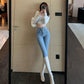Spring and Autumn Design Women's High Waist Stretch Pants Thin Skinny Light-colored Pencil Jeans Slim Trousers