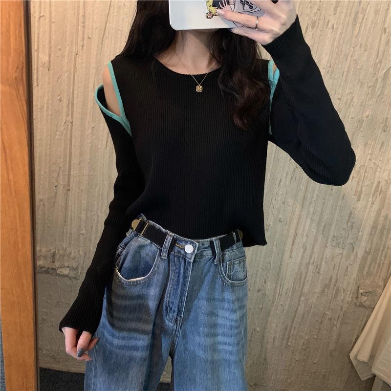 Autumn Loose Knit Sweater Women's Student Off-shoulder Long-sleeved Sweater White Bottoming Clothes