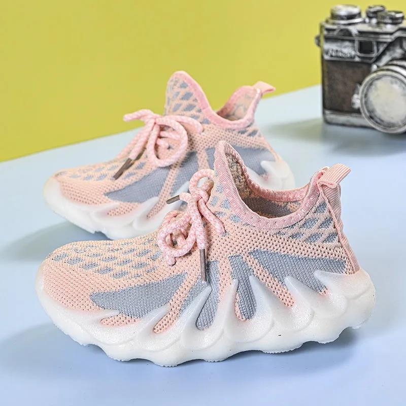 2021 Spring and Autumn Girls' Casual Student Sneakers Korean Version of Wild Knitted Breathable Net Shoes Boys Sports Shoes