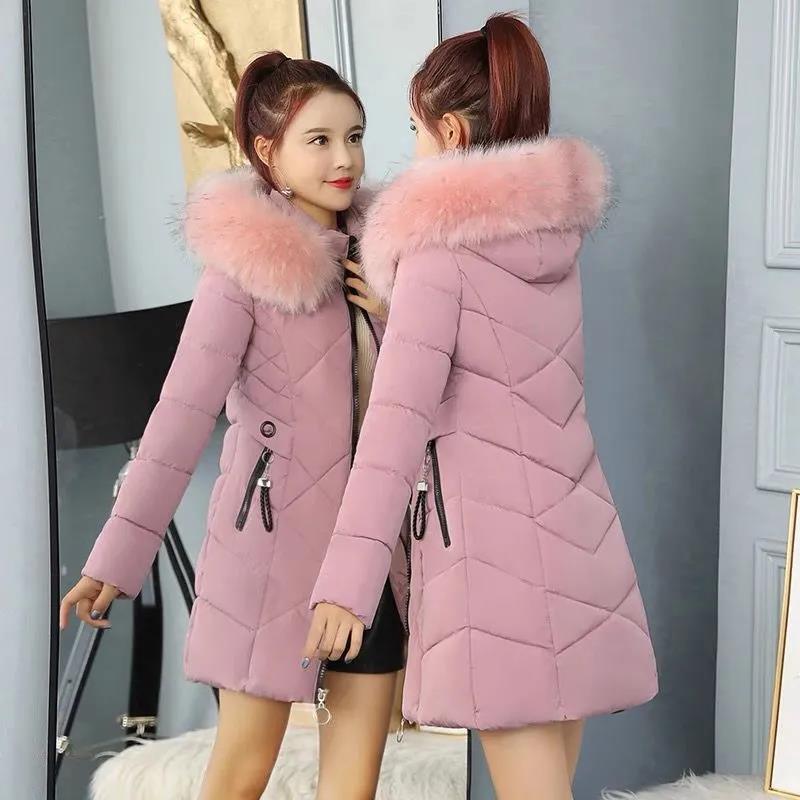 Winter Down Jacket Ladies Thick Fashion Slim Cotton Jacket Mid-length Hooded Big Fur Collar Down Jacket