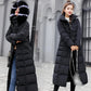 Lace-up Long Cotton-padded Jacket Women's Knee-length Thick Warm Fur Collar Hooded Down Cotton Jacket