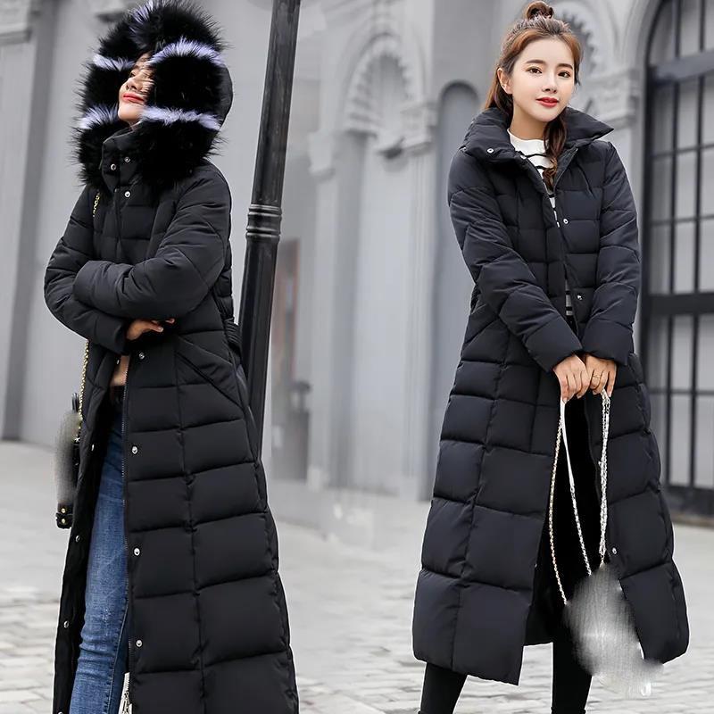 Lace-up Long Cotton-padded Jacket Women's Knee-length Thick Warm Fur Collar Hooded Down Cotton Jacket