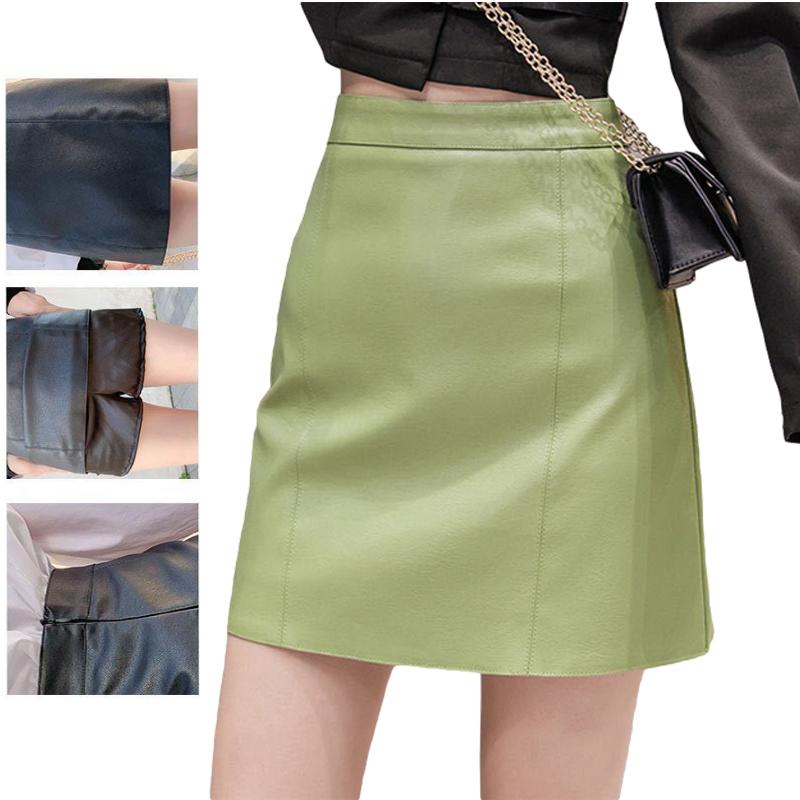 Sexy Leather Skirt Glossy PU Leather Women's Short Solid Zipper Mini Skirt Mid Waist A-line Skirts