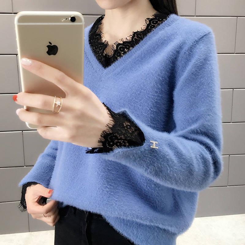 Fake Two Pieces V-neck Sweater Women's Lace Stitching Loose Pullover Thickening Sweater