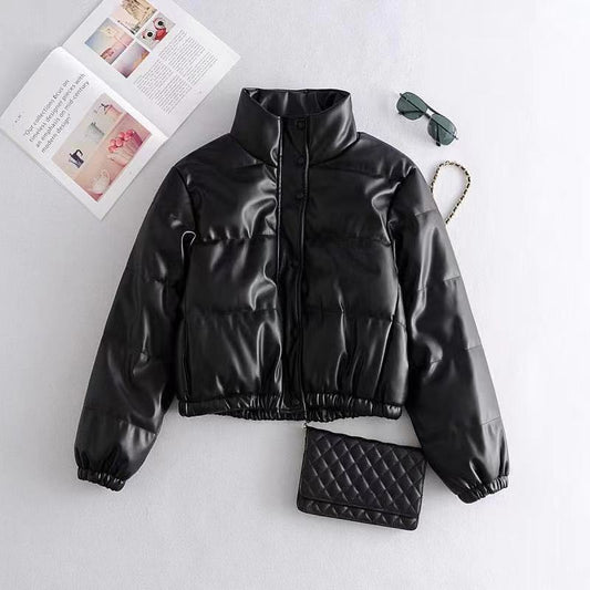 Stand-up Collar Short Street Motorcycle Warmth Loose Imitation Leather Jacket Padded Coat Women