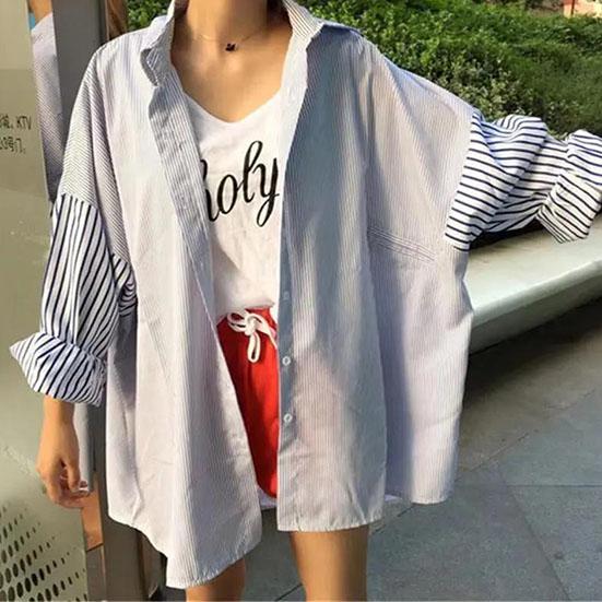 Women's Button Down Shirts Large Size Long Sleeve Tops V-Neck Casual Work Blouse Loose Oversize Striped Top