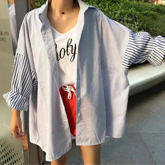 Women's Button Down Shirts Large Size Long Sleeve Tops V-Neck Casual Work Blouse Loose Oversize Striped Top