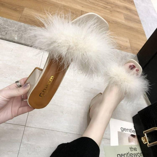 Fur Slippers Women Fluffy  Sandal Sliders Comfort Summer High -Heeled Open Toe  Sandal Slippers Sweet Ladies Block Heel Slippers Footwear