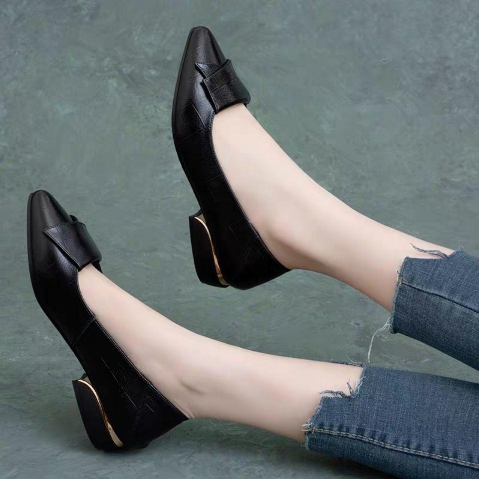 Women Shoes PU Leather Midi Pumps Square Heels Black Red Heel Party Wedding Fashion Pointed Toe Ladies Wedges Heels