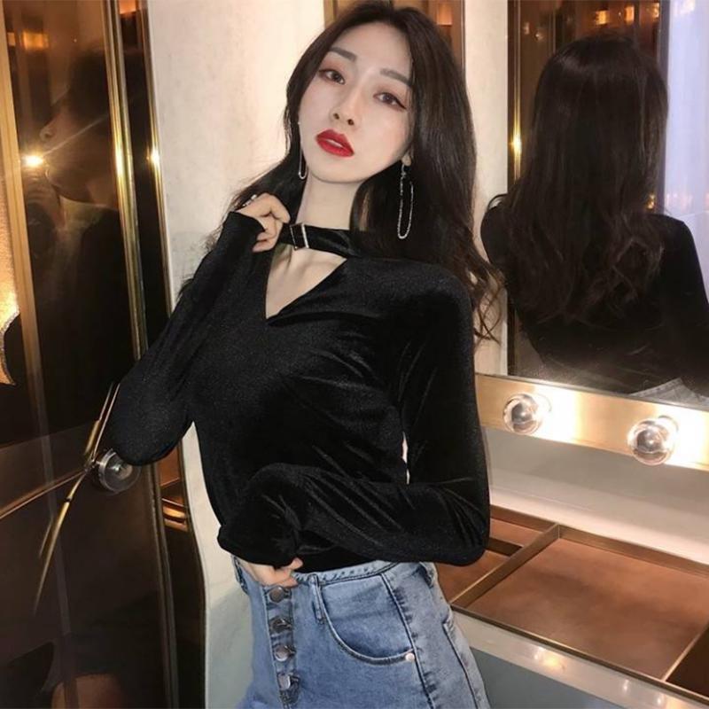 Pofulove V-neck Sexy Long Sleeve Gold Velvet T-Shirt Black Sweater Women Retro Slim Slim Deep