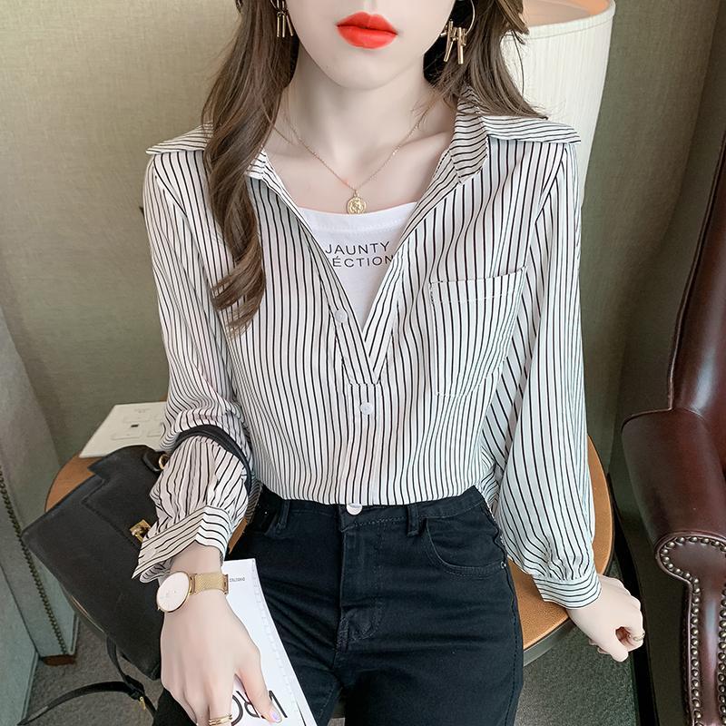 Striped Shirt Women's Spring Fake Two-piece Printed Loose All-match Long-sleeved Blouses