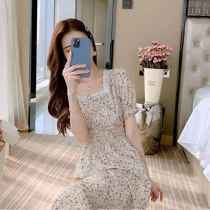 Female Little Fresh Sweet Vintage Holiday Dress Slim High Waist Square Neck Elegant Floral Print Lace Dress