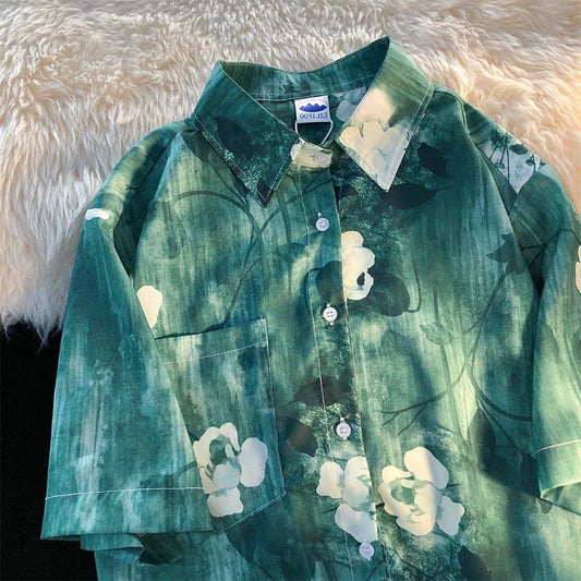 Hawaiian Floral Short Sleeve Shirt Neutral Wind Summer Loose Retro Niche Chic Design Couple Shirt