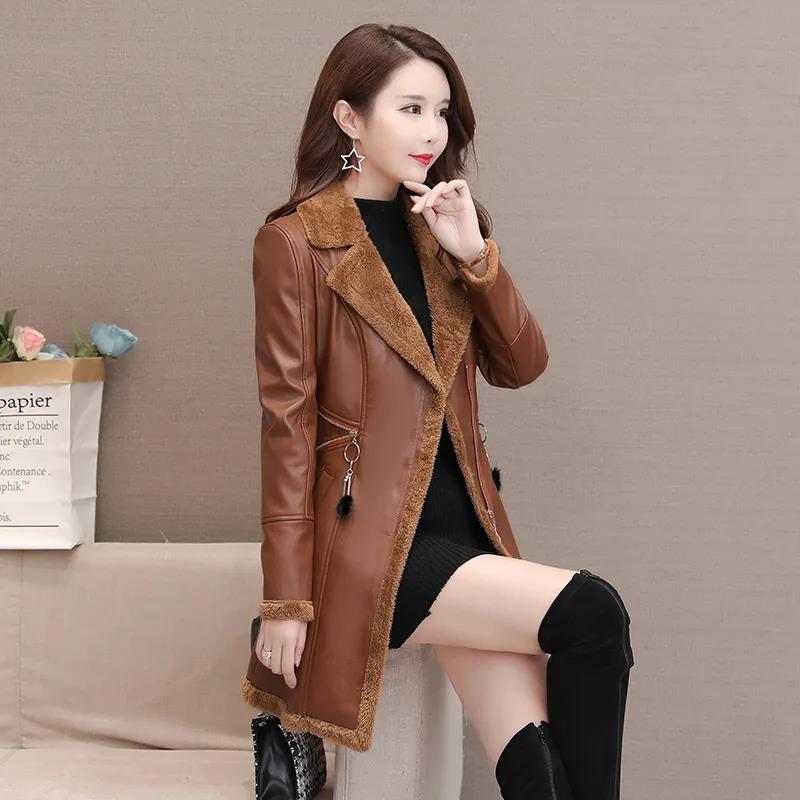 Winter Leather Jacket Fashion Slim PU Leather Lapel Leather Jacket All-match Large Size Leather Coat for Women