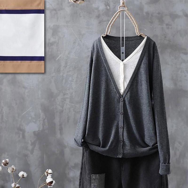 Splicing Fake Two-piece Knitted Sweater Women's Casual Cotton Cardigan Jacket Retro Literary