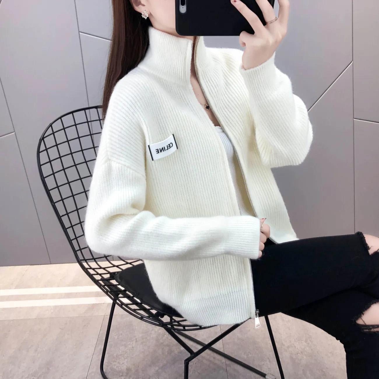 Stand Collar Women's Cardigan Sweater Short Jacket Knit Top Spring Autumn Solid Color Loose Sweater Outer Wear